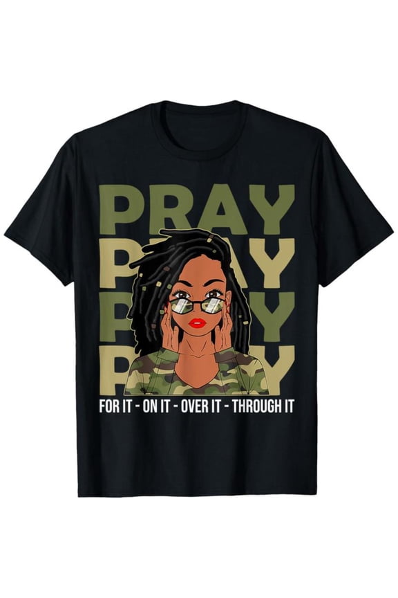 Inspirational - Military Graphic Tee, Tops Has "PRAY" Slogan and Camo Design, Round Neck Regular Fit T - shirts, Size(S - 5XL)
