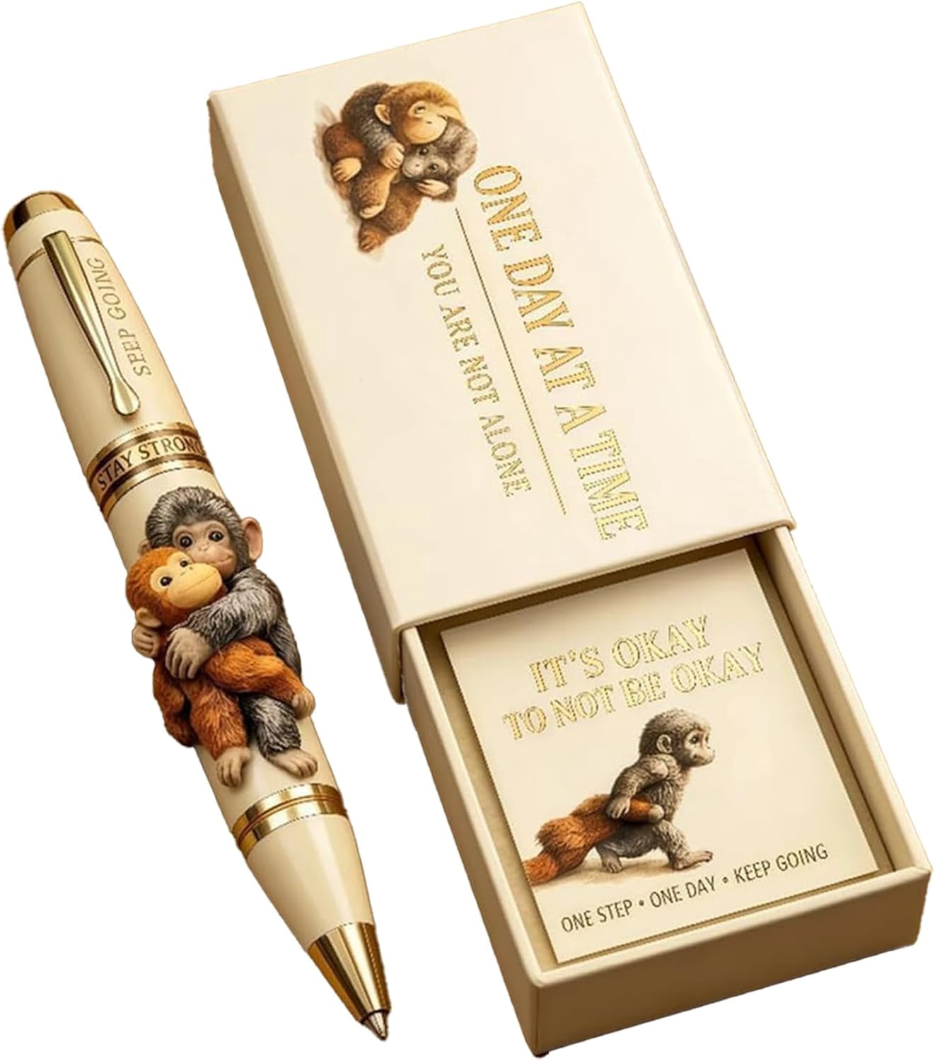 Inspirational Monkey Pen Set with Encouragement Card – Cute Metal Pen with “One Day at a Time” Message, Motivational Gift for Animal Lovers in Gift Box