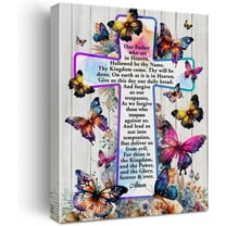 Inspirational Motivational Christian Poster Canvas Wall Art for Home Decor Positive the Lord''s Prayer Floral Butterflies Cross Canvas Print Painting Framed Gifts - Easel & Hanging Hook 12x15 Inch