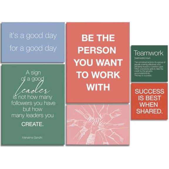 Inspirational Office Wall Art for Women,Motivational Teamwork Wall Decor for Office,Orange and Green Postive Quote Workplace Canvas Wall Art for Set of 6
