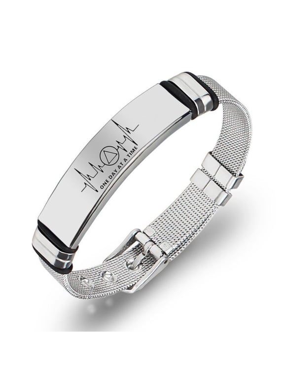 Inspirational One Day At A Time AA Emblem Bracelet for Soberness Recovery Mesh Bangle, Sobriety Milestone Present for Men Wonen, Silver