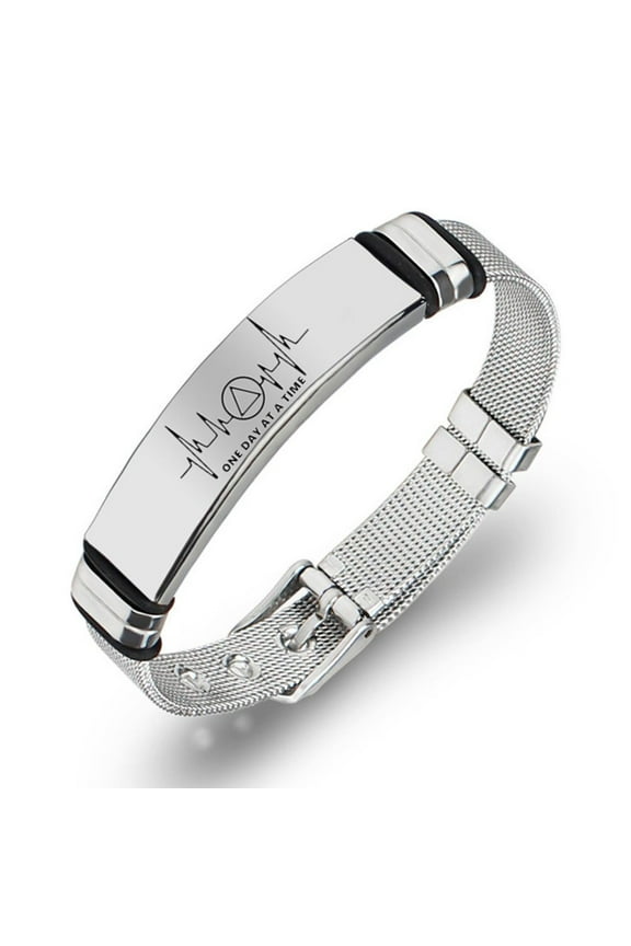 Inspirational One Day At A Time AA Emblem Bracelet for Soberness Recovery Mesh Bangle, Sobriety Milestone Present for Men Wonen, Silver