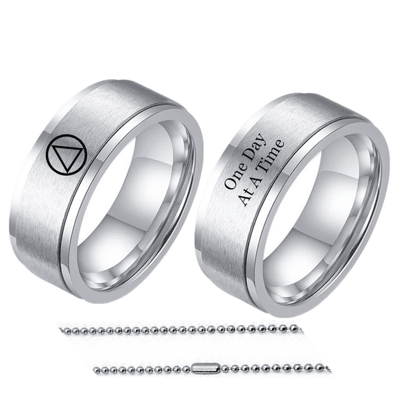 Inspirational One Day At A Time Sobriety Gifts for Women Men Stainless Steel Sober Recovery Anxiety Spinner Bands Ring Necklace Chain Alcoholics Addiction Recovering Jewelry Gift,Size 11,Silver