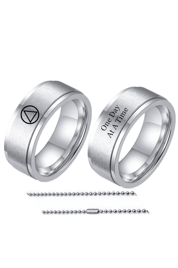 Inspirational One Day At A Time Sobriety Gifts for Women Men Stainless Steel Sober Recovery Anxiety Spinner Bands Ring Necklace Chain Alcoholics Addiction Recovering Jewelry Gift,Size 10,Silver
