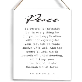 Inspirational Peace Be Careful for Nothing Bible Verse Wood Sign Rustic Philippians 46-7 Christian Wooden Hanging Plaque for Home Office Wall Art Decoration 8x10 Inch Present