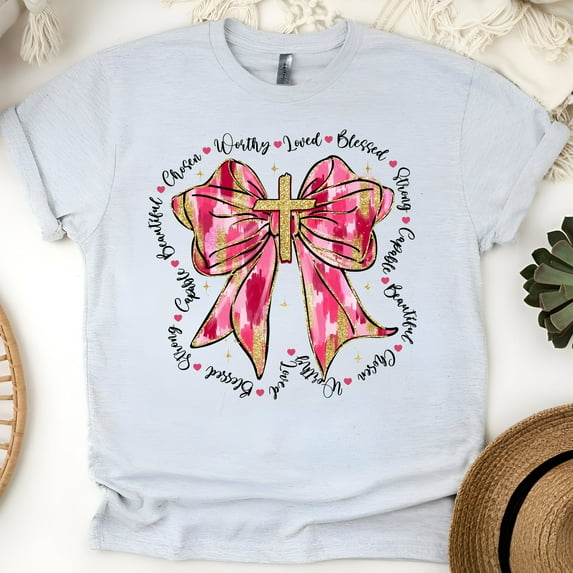 Inspirational Pink Bow Cross T-Shirt for Women - Blessed Faith Shirt, Ash, Size S