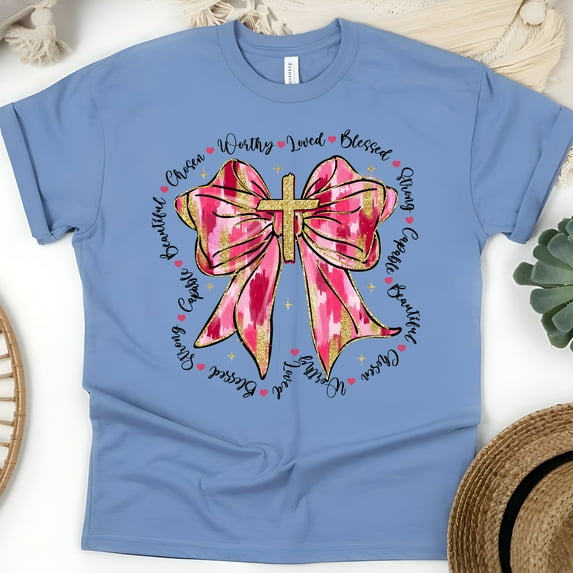 Inspirational Pink Bow Cross T-Shirt for Women - Blessed Faith Shirt, CarolinaBlue, Size 3XL