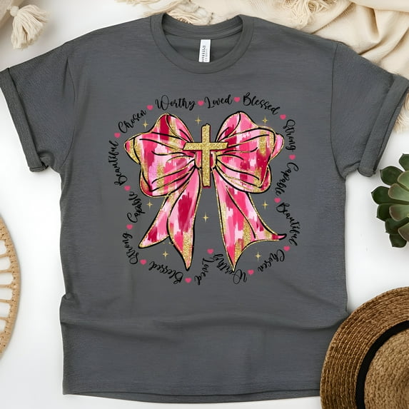 Inspirational Pink Bow Cross T-Shirt for Women - Blessed Faith Shirt, Dark Heather, Size L