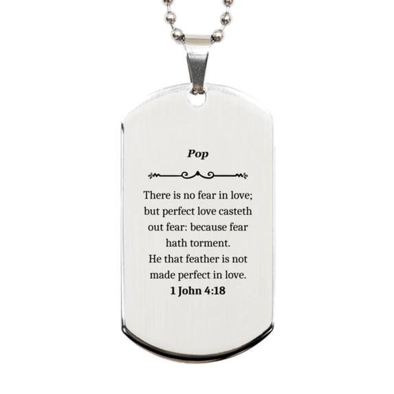 Inspirational Pop Silver Dog Tag - Engraved with 1 John 4:18 Perfect Love - Confidence Gift for Veterans Day, Christmas, Easter - Pop Niche