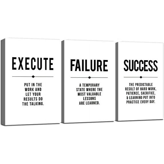 Inspirational Print - Framed Canvas Wall Art Success Quote, Office Wall Art, gift for boss, Positive Motivational Prints, Execute Failure Success Poster (D-3pcs,12x16inchx3pcs)