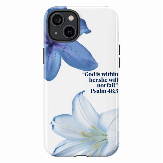 Inspirational Psalm 46:5 Phone Case, Blue and White Floral Design with Bible Verse, Religious Protective iPhone Cover for iPhone 17 16 15 14 13 12 11 Pro Plus Mini