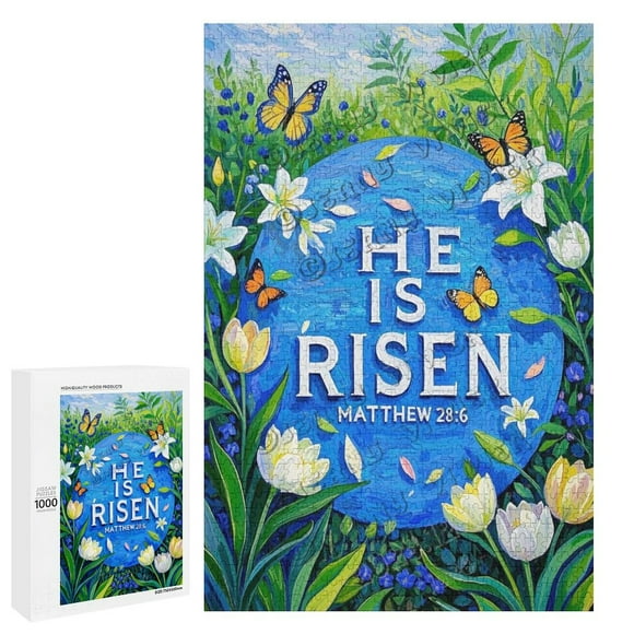 Inspirational Puzzle for Adults 1000 pcs Wooden Jigsaw Featuring Matthew 28:6 Scripture He Is Risen Theme Ideal Gift for Believers
