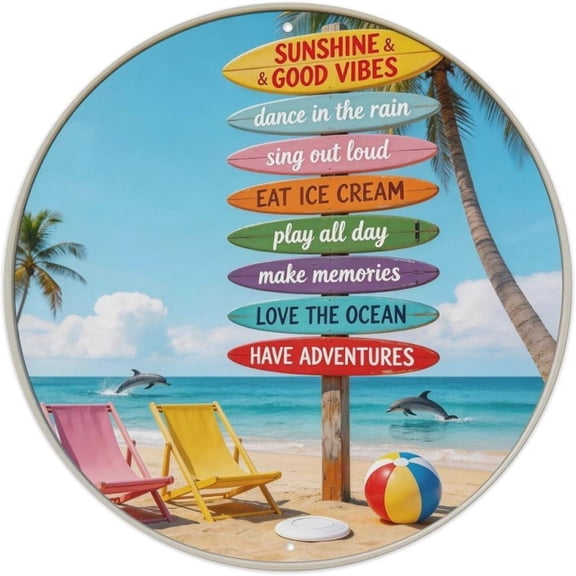 Inspirational Quote Beach Palm Trees Retro Round Tin Metal Sign, Vintage Wall Decor Poster, 8 x 8 Inch