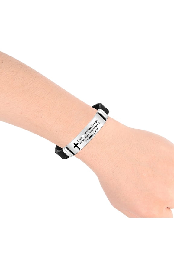 Inspirational Quote Cross Bracelets Faith Christian Bible Verse Silicone ID Wristband Religious Gifts for Men Women Stainless Steel Rubber Adjustable