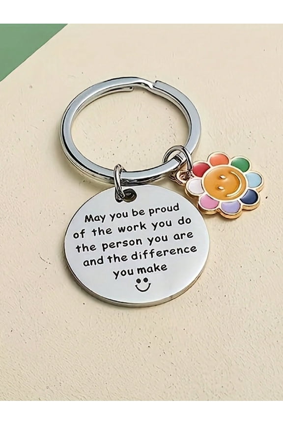Inspirational Quote Keychain with Rainbow Smiley Flower Charm - "May You Be Proud" Encouragement Gift