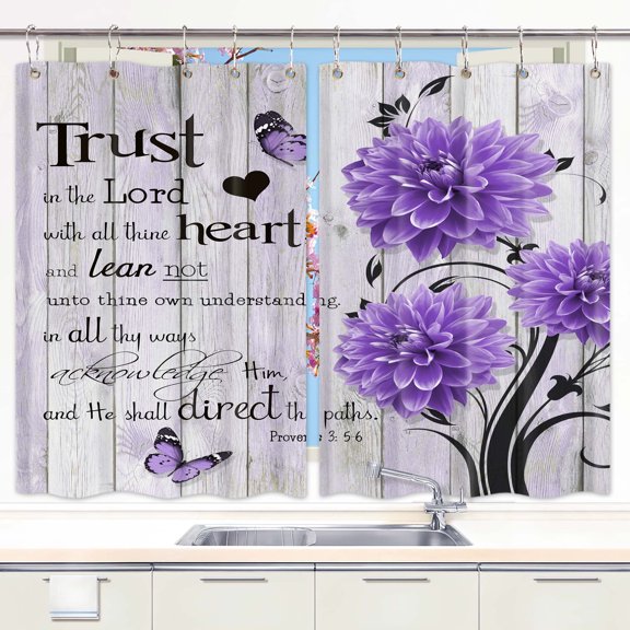 Farmhouse Bible Verse Curtains Set - Purple Turquoise Dahlia Floral with Inspirational Quotes for Kitchen/Bedroom/Living Room, 55x39 Inch Rustic Window Treatment with Hooks