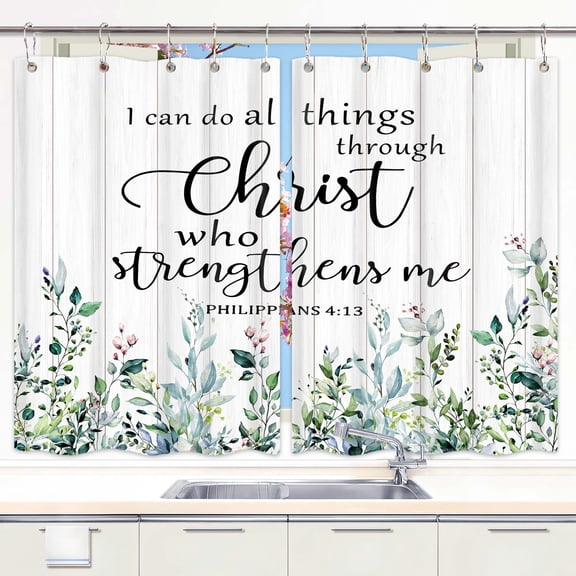 Inspirational Quote Kitchen Curtains, Watercolor Leaves Plant Floral Bible Verse Scripture Quotes Kitchen Curtains, Green Eucalyptus Bedroom Living Room Treatment Set with Hooks, 55X39 Inches