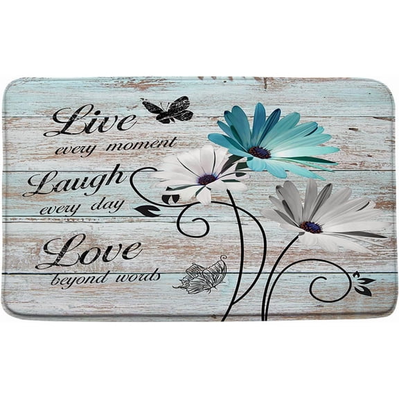 Inspirational Quote Live Laugh Love Bath Mat Rutsic Teal Daisy Flower Butterfly Vintage Barn Door Farmhouse Print Soft Doormat Kitchen Bathroom Mat/Rugs 24"X16"