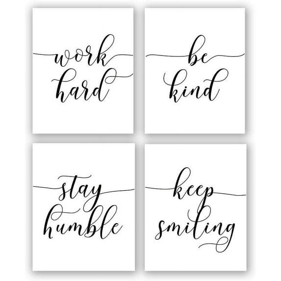 Inspirational Quote&Saying Art Painting,Work Hard,Be Kind,Stay Humble,Keep Smiling Art Print Set of 4 (8”X10” Canvas Picture,Motivational Phrases Wall Art for Office or Living Room Home Decor,No Frame