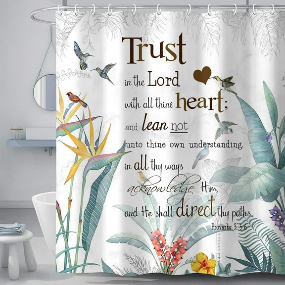 Inspirational Quote Shower Curtain for Bathroom, Trust in The Lord with All Thine Heart Tropial Plants Leaves Backdrop Bath Curtain, Waterproof Fabric Bathroom Decor Sets with Hooks