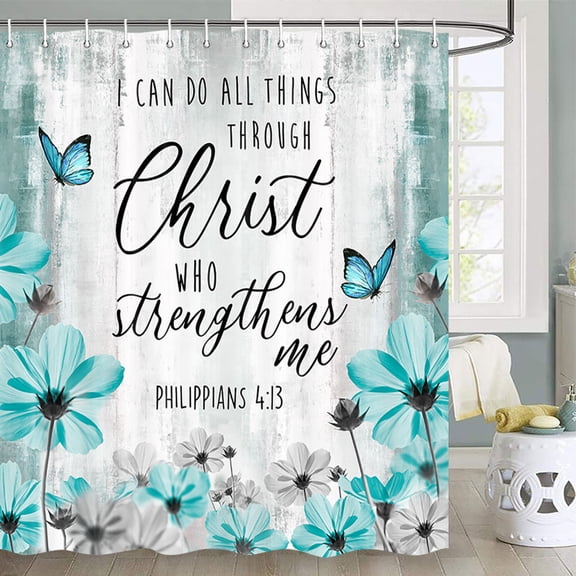 Inspirational Quote Shower Curtain, I Can Do Everything Through Him Who Gives Me Strength Bible Verse Scripture Quotes Shower Curtain, Fabric Shower Curtain Hooks Include, 70 in