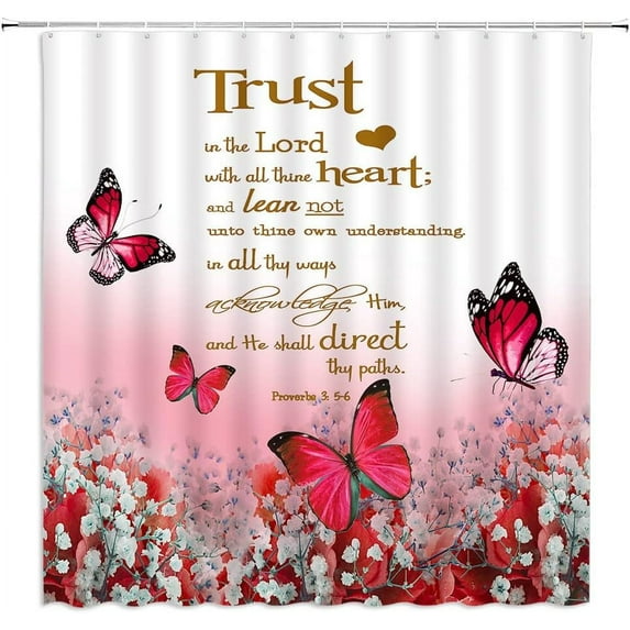 Inspirational Quote Shower Curtain Red Flower Butterfly Trust in The Lord Motivational Words Nature Creative Rustic Bathroom Decor Fabric Curtain with Hooks