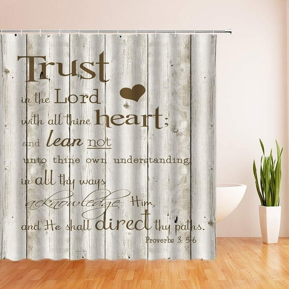 Inspirational Quote Shower Curtain Trust in The Lord with All Thine Heart Rustic Wooden Motivational Vintage Creative Fabric Bath Curtain 72x72 in with Hooks