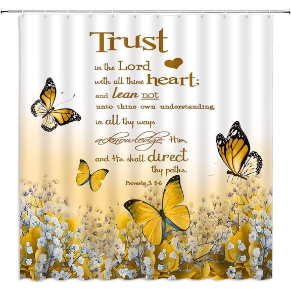 Inspirational Quote Shower Curtain Yellow Flower Butterfly Trust in The Lord Motivational Words Nature Creative Rustic Bathroom Decor Fabric Curtain with Hooks