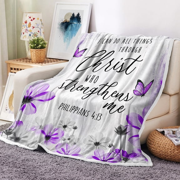 Inspirational Quote Throw Blanket, I Can Do Everything Through Him Who Gives Me Strength Bible Verse Scripture Quotes Flannel Fleece Blanket Bed Blanket All Season Throw Blanket (50"x60")