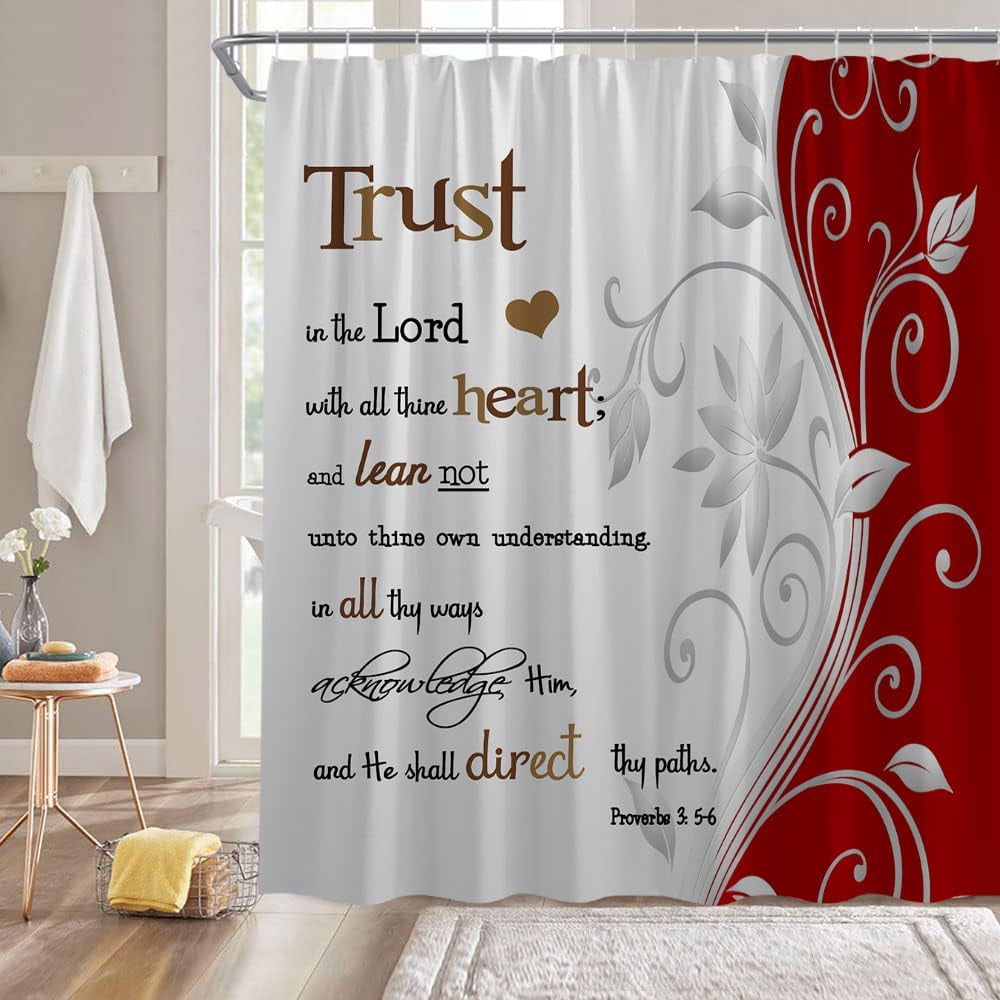 Inspirational Quote Trust in The Lord Shower Curtain Red Gray Abstract Floral Modern Geometric Fashion Creative Bathroom Decor Fabric Curtain with Hooks