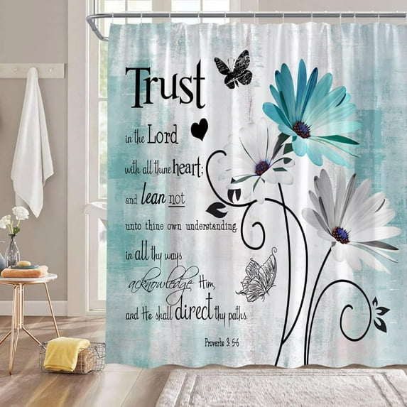 Inspirational Quote Trust in The Lord Shower Curtain Rustic Farmhouse Floral Teal Flower Butterfly Motivational Words Abstract Watercolor Bathroom Decor Fabric Curtain with Hooks