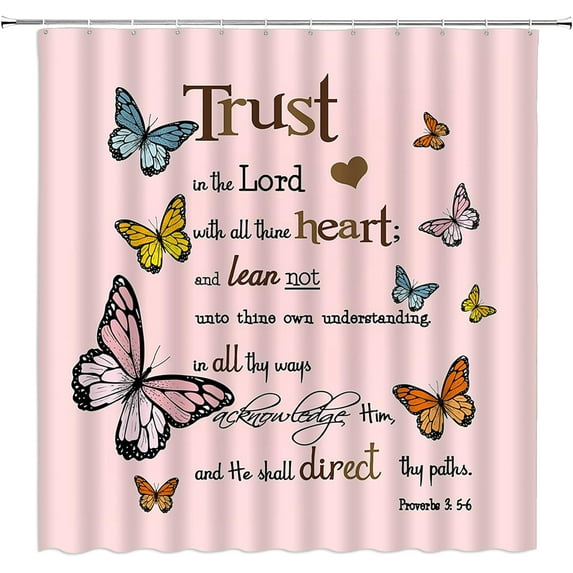 Inspirational Quote Trust in The Lord Shower Curtain Butterfly Motivational Words Romantic Modern Bathroom Decor Fabric Curtain with Hooks