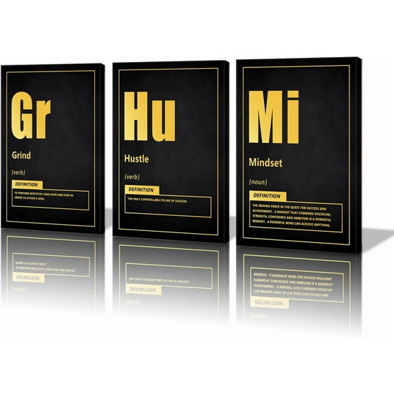 Inspirational Quotes Canvas Wall Art, Grind Hustle Mindset Definition, Motivational Prints for Living Room & Office Framed Ready to Hang