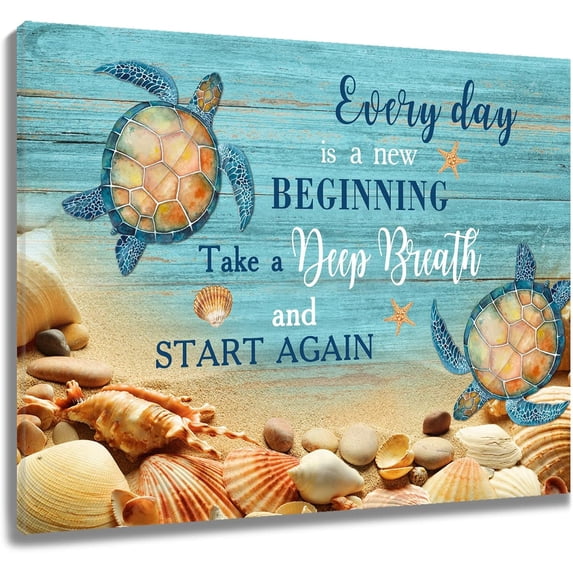 Inspirational Quotes Canvas Wall Art Sea Turtle and Seashell on the Beach Wall Art for Bathroom Living Room Bedroom Vintage Wooden Board Picture Wall Decor Framed Bedroom Wall Art,16x12 Inches