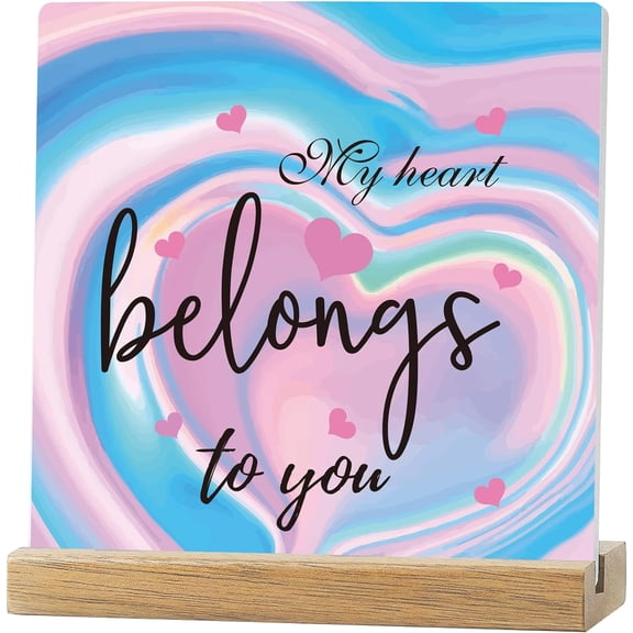 Inspirational Quotes Desk Decor Gift My Heart Belongs to You Home Office Decor Ceramic Plaque Positive Table Sign Encouragement Cheer Up Gift With Wooden Stand for Women Friend Coworker diy