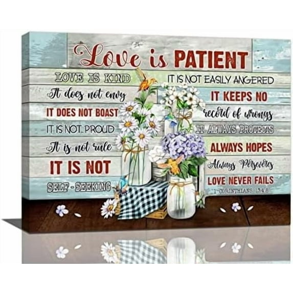 Inspirational Quotes Flowers Wall Art Love is Patient Love is Kind Sign Pictures Wall Decor Canvas Prints Framed Modern Painting Artwork for Bedroom Living Room Dining Room Office 16"x12"