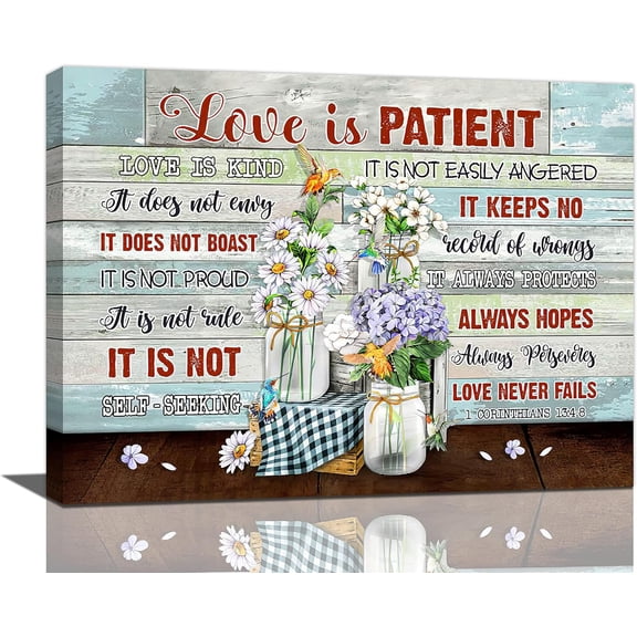 Inspirational Quotes Flowers Wall Art Love is Patient Love is Kind Sign Pictures Wall Decor Canvas Prints Framed Modern Painting Artwork for Bedroom Living Room Dining Room Office 16"x12"