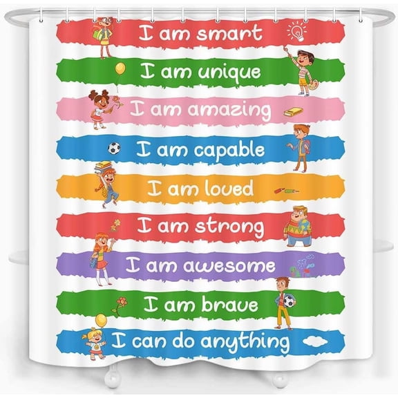 Inspirational Quotes Kids Shower Curtain, Funny Colorful Motivational Positive Teens Boys Girls Curtain Decor for Bathroom, Childrens Shower Curtain Set with 12Hooks, 72X72in