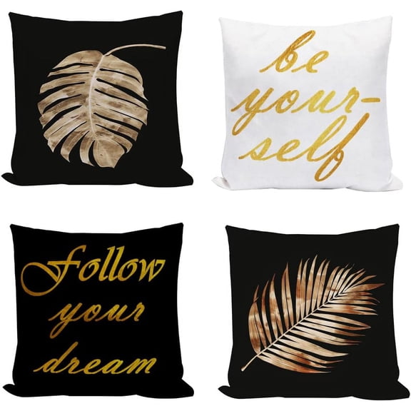Inspirational Quotes Pillow Covers Set of 4 Summer Tropical Palm Leaves with Be Yourself Follow Your Dream Throw Pillow Cases 18x18 Inches Black White Linen Home Sofa Couch Decor Cushion Cover