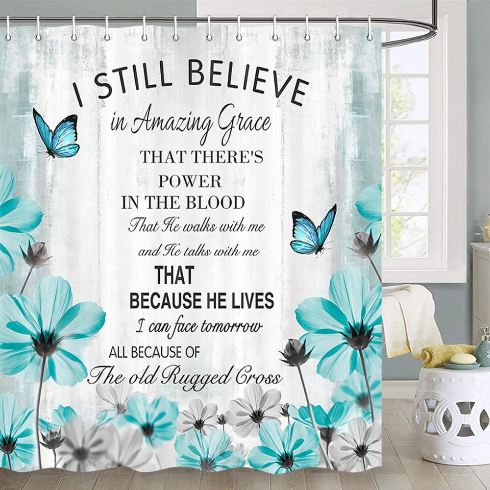 Inspirational Quotes Shower Curtain, Blue Butterfly White Cotton Flower