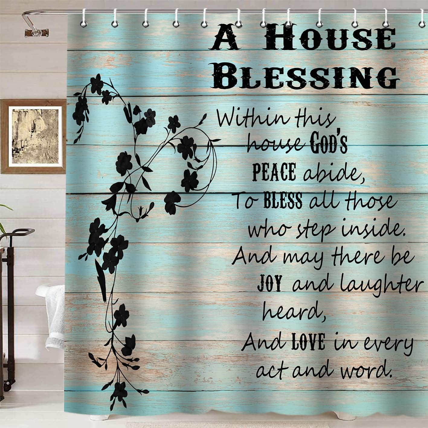 Inspirational Quotes Shower Curtain, Mint Green Country Wood Planks Black Flower Rustic Farmhouse Bathroom Decor, Waterproof Polyester Fabric Shower Curtain, 72x72 Inch, A House Blessing