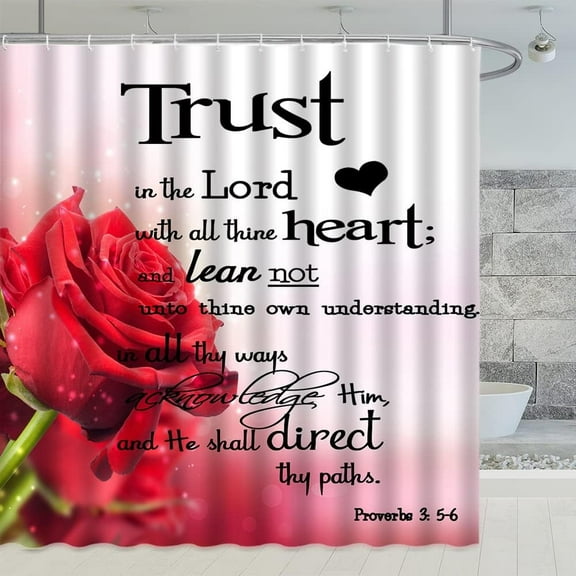 Inspirational Quotes Shower Curtains Red Rose Flower Valentine''s Day Trust in The Lord Bathroom Decor Fabric Shower Curtain Sets 35 x 70 Inch with Hooks