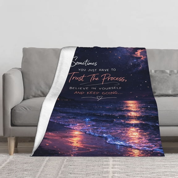 Inspirational Quotes Throw Blanket, Soft 280g Flannel Fleece Blanket with Sunset Beach Night Scene, Trust The Process Motivating Lettering for Sofa Couch Bed, Cozy Plush Gift for Women Men