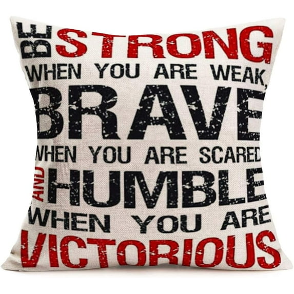 Inspirational Quotes Throw Pillow Cases Cotton Linen Decorative Stong, Brave, Humble, Victorious Words Cushion Covers Standard 18x18 Home Office Decor Pillow Shams, Red and Black