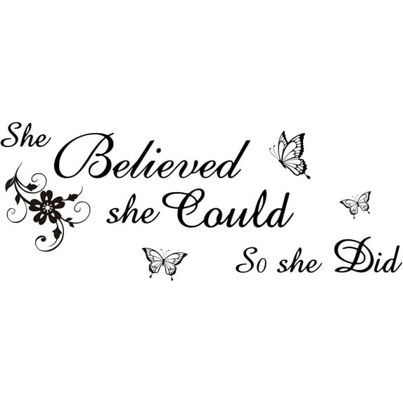 Inspirational Quotes Wall Decals She Believed She Could So She Did Wall Stickers Flower Butterfly Word Sayings Wall Decor for Girl's Bedroom Party Decoration Wall Sticker Vinyl Transfer