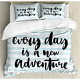 thumbnail image 1 of Inspirational Saying Duvet Cover Set, Every Day is a New Adventure Calligraphy Text Watercolor Stripes Print, Decorative 3 Piece Bedding Set with 2 Pillow Shams, Calking Size, Pale Blue, by Ambesonne, 1 of 3