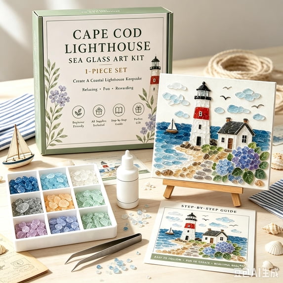 Seaside Lighthouse Theme Inspirational Sea-Glass Art Kit, DIY Mosaic Craft for Adults, Wall Decor with Tumbled Glass Pieces, Handmade Home Decor Gift for Women