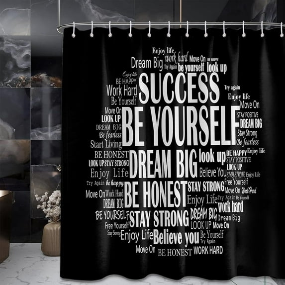 Inspirational Shower Curtain Positive Affirmations Motivational Bathroom Decor Quotes Black and White Bath Curtain, Waterproof Cloth Fabric with Hooks, 72x72 inch