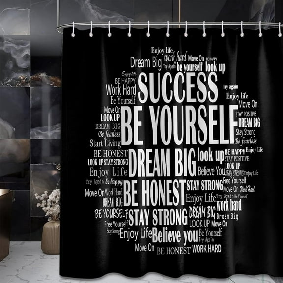 Inspirational Shower Curtain Positive Affirmations Motivational Bathroom Decor Quotes Black and White Bath Curtain, Waterproof Cloth Fabric with Hooks, 72x72 inch
