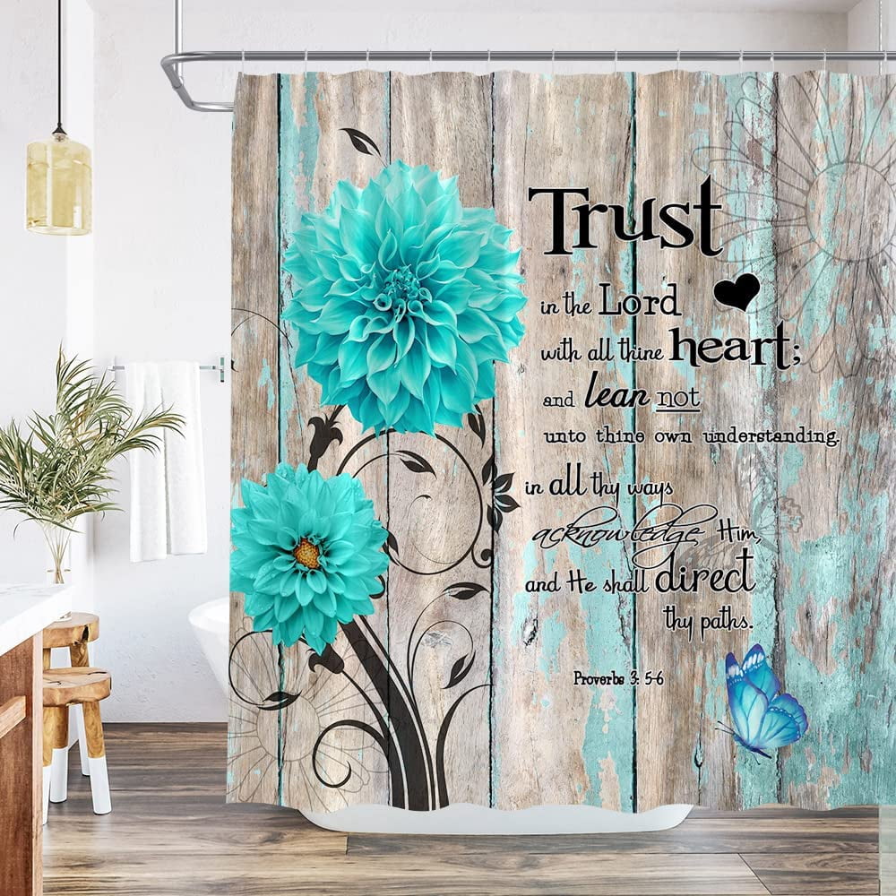 Inspirational Shower Curtain Teal Dahlia Flower Butterfly Trust in The